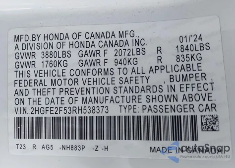 2024 Honda Civic Sport from USA, damaged, VIN 2HGFE2F53RH538373